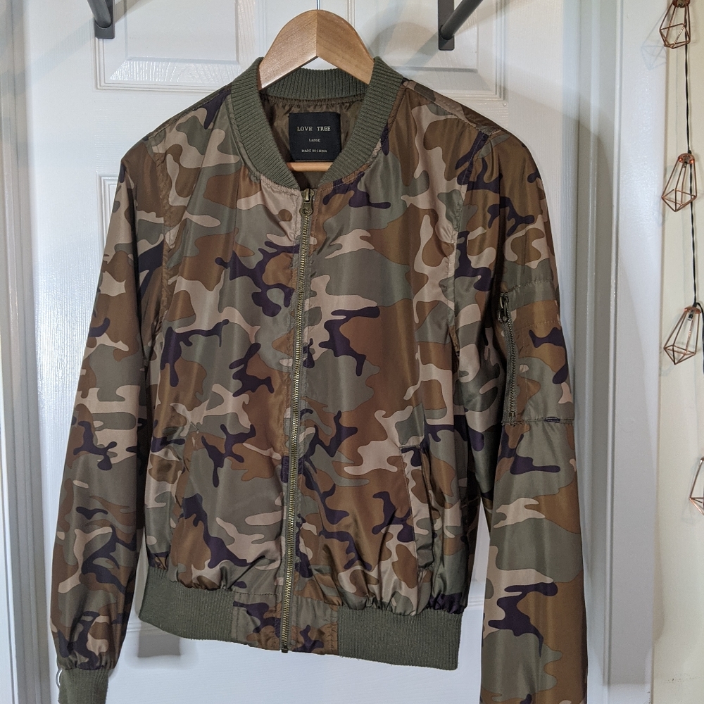 Love Tree Camo Print Bomber Jacket